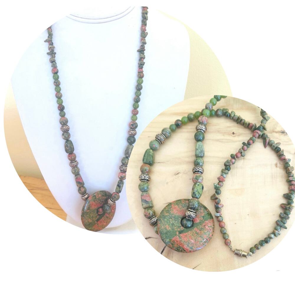 Necklace Pendant Artisan Natural Green Pink Unakite Beads Disc Bohemian Boho